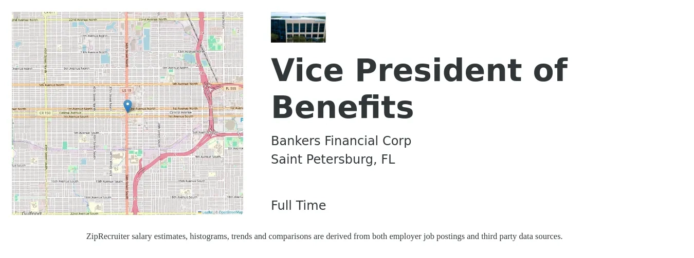 Bankers Financial Corp job posting for a Vice President of Benefits in Saint Petersburg, FL with a salary of $108,700 to $179,700 Yearly with a map of Saint Petersburg location.
