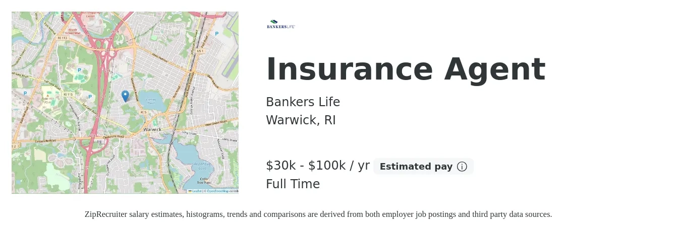 Bankers Life job posting for a Insurance Agent in Warwick, RI with a salary of $30,000 to $100,000 Yearly (plus commission) with a map of Warwick location.