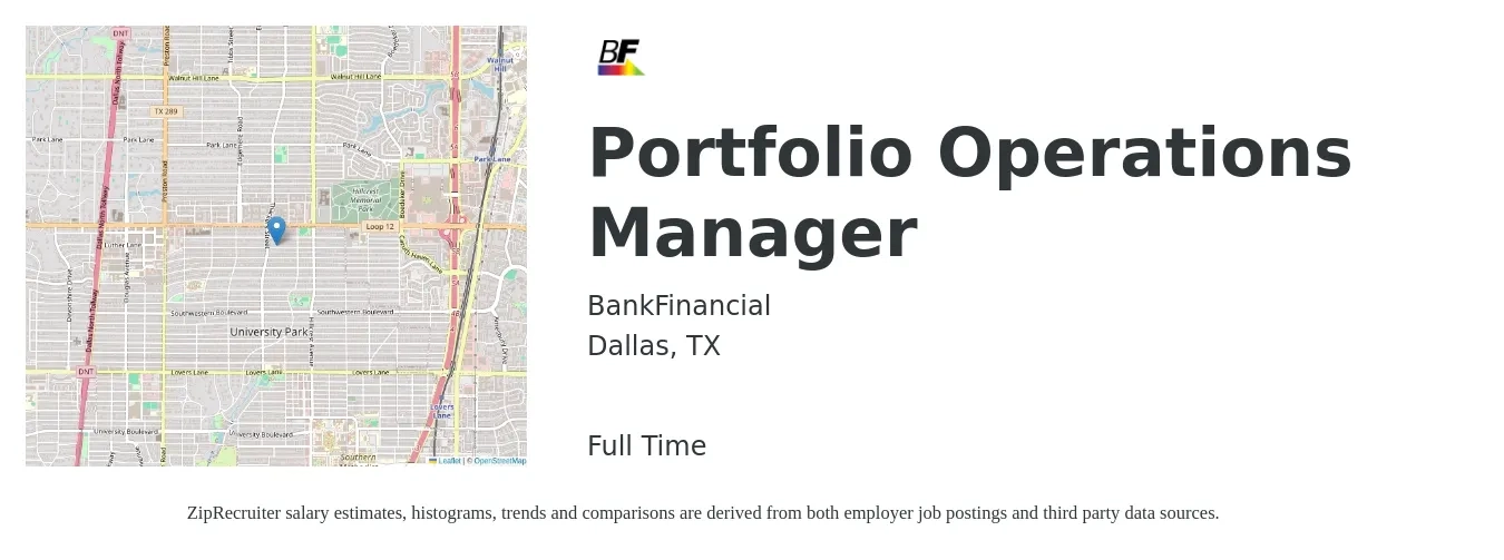 BankFinancial job posting for a Portfolio Operations Manager in Dallas, TX with a salary of $80,600 to $122,100 Yearly with a map of Dallas location.