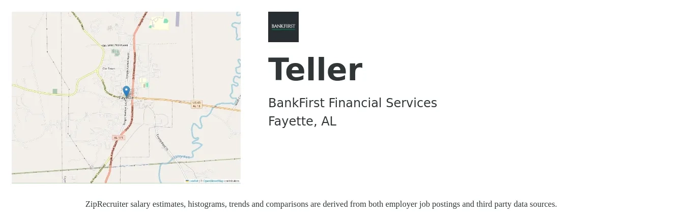 BankFirst Financial Services job posting for a Teller in Fayette, AL with a salary of $13 to $16 Hourly with a map of Fayette location.