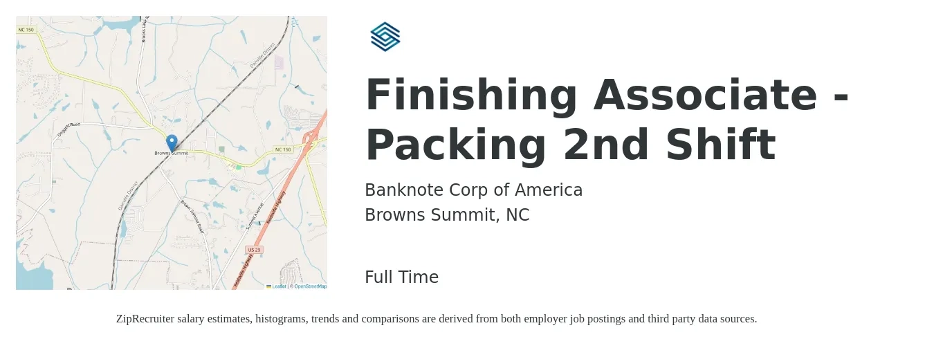 Banknote Corp of America job posting for a Finishing Associate - Packing 2nd Shift in Browns Summit, NC with a salary of $16 Hourly with a map of Browns Summit location.