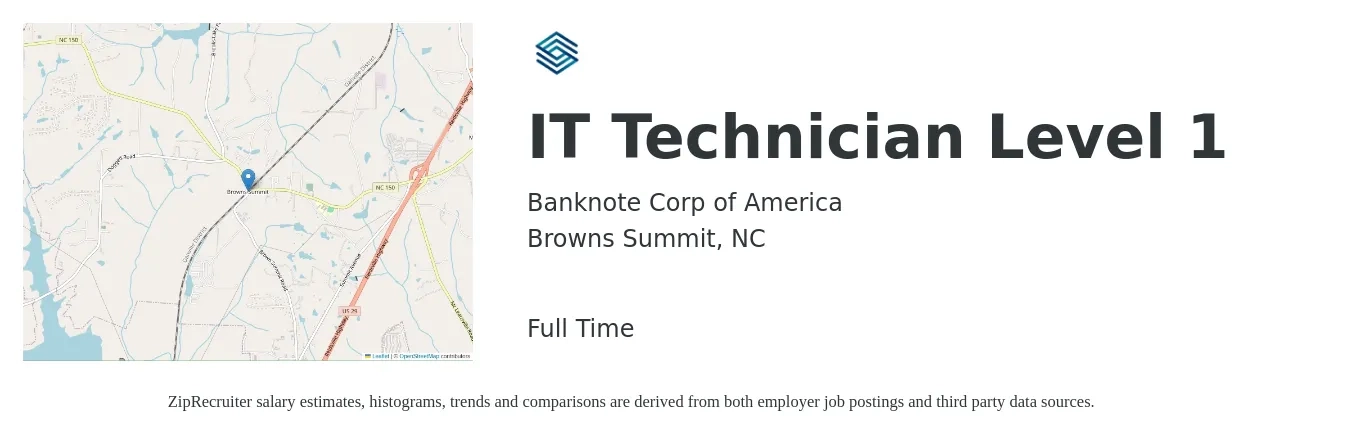 Banknote Corp of America job posting for a IT Technician Level 1 in Browns Summit, NC with a salary of $26 to $31 Hourly with a map of Browns Summit location.