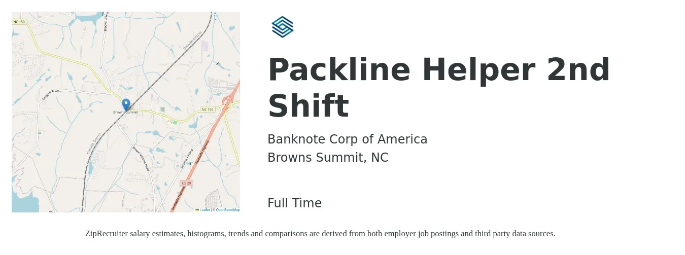 Banknote Corp of America job posting for a Packline Helper 2nd Shift in Browns Summit, NC with a salary of $18 Hourly with a map of Browns Summit location.