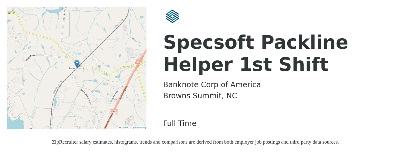 Banknote Corp of America job posting for a Specsoft Packline Helper 1st Shift in Browns Summit, NC with a salary of $16 Hourly with a map of Browns Summit location.