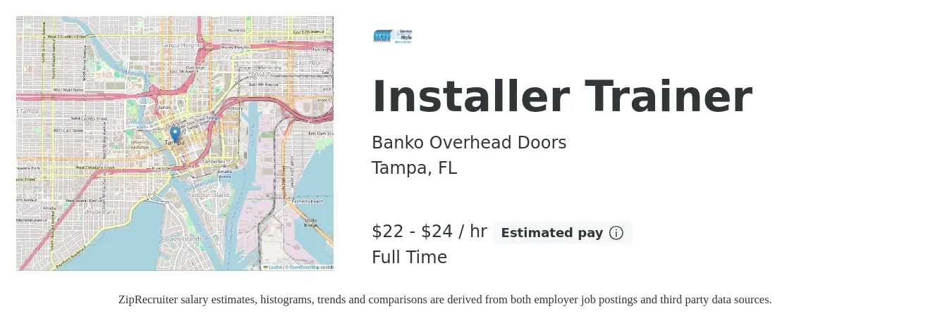 Banko Overhead Doors job posting for a Installer Trainer in Tampa, FL with a salary of $23 to $25 Hourly with a map of Tampa location.
