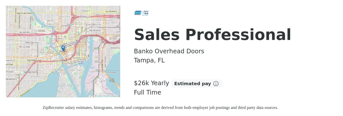 Banko Overhead Doors job posting for a Sales Professional in Tampa, FL with a salary of $26,000 Yearly with a map of Tampa location.