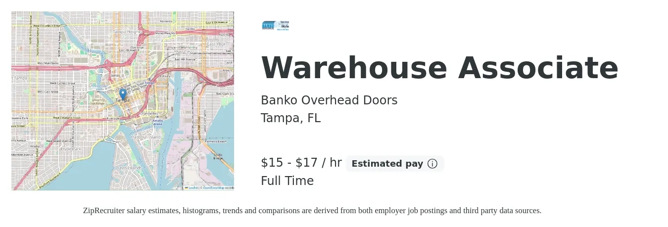 Banko Overhead Doors job posting for a Warehouse Associate in Tampa, FL with a salary of $16 to $18 Hourly with a map of Tampa location.
