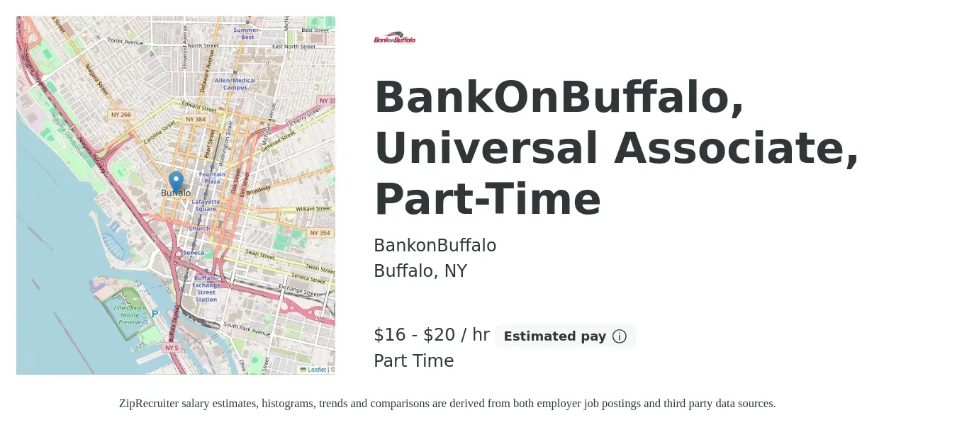 BankonBuffalo job posting for a BankOnBuffalo, Universal Associate, Part-Time in Buffalo, NY with a salary of $17 to $21 Hourly with a map of Buffalo location.
