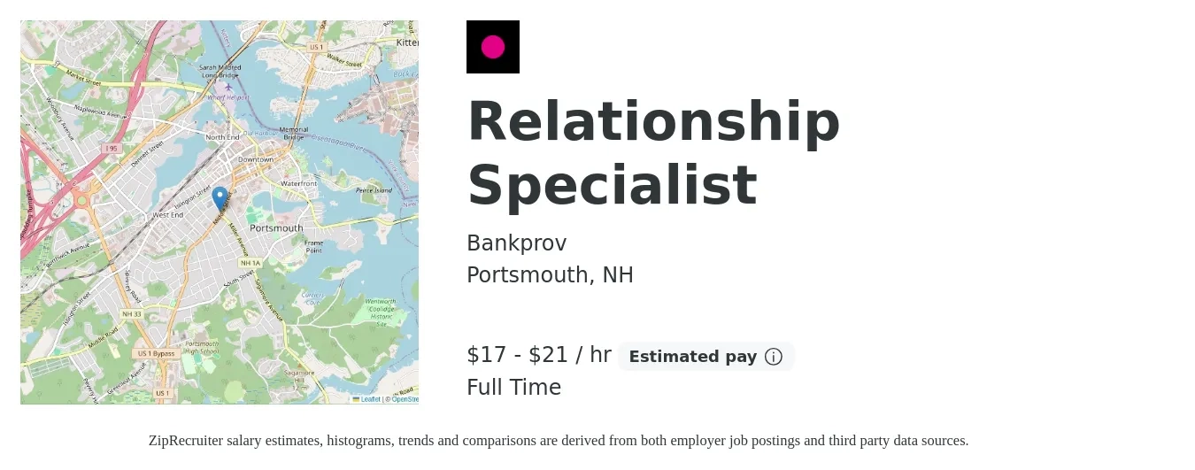 Bankprov job posting for a Relationship Specialist in Portsmouth, NH with a salary of $18 to $22 Hourly with a map of Portsmouth location.