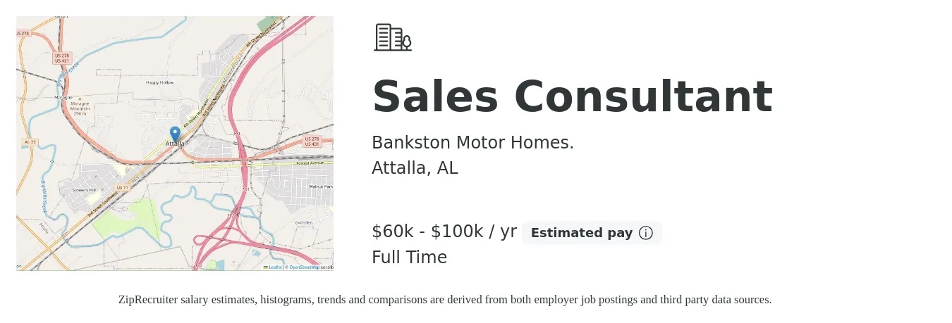 Bankston Motor Homes. job posting for a Sales Consultant in Attalla, AL with a salary of $60,000 to $100,000 Yearly with a map of Attalla location.