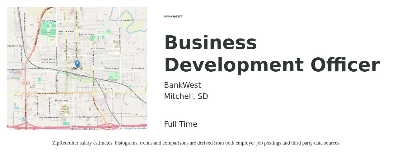 BankWest job posting for a Business Development Officer in Mitchell, SD with a salary of $68,200 to $99,000 Yearly with a map of Mitchell location.