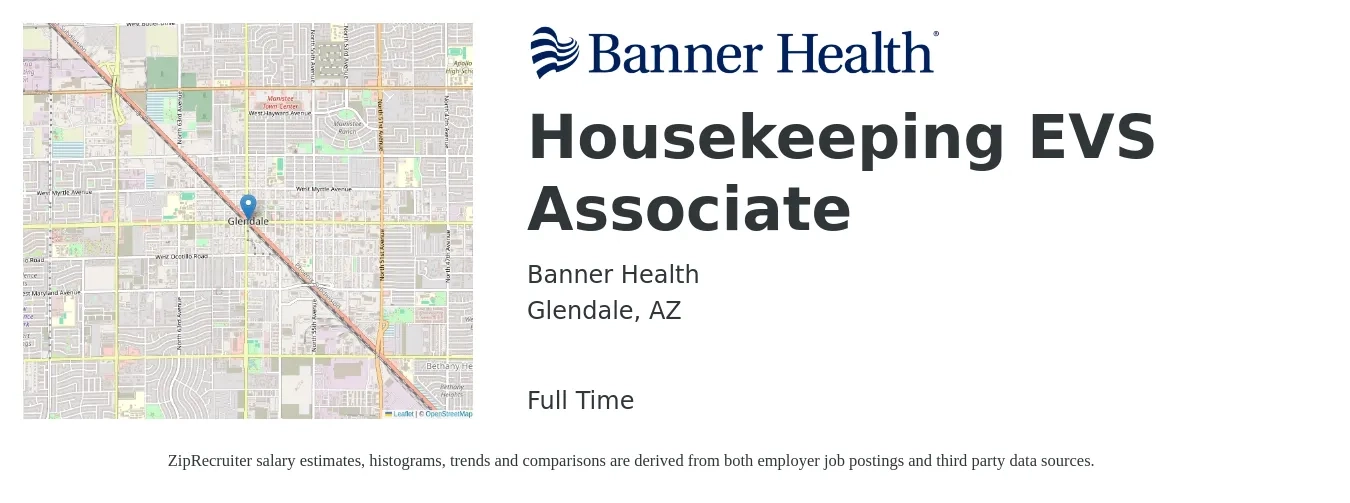 Banner Health job posting for a Housekeeping EVS Associate in Glendale, AZ with a salary of $14 to $16 Hourly with a map of Glendale location.