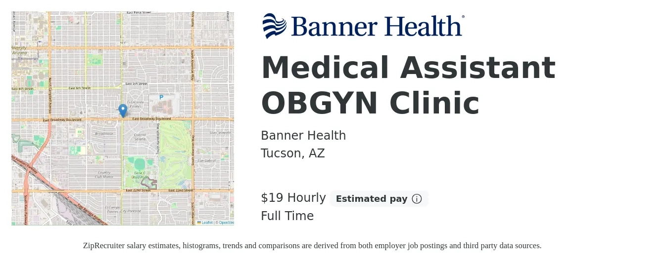 Banner Health job posting for a Medical Assistant OBGYN Clinic in Tucson, AZ with a salary of $21 Hourly with a map of Tucson location.