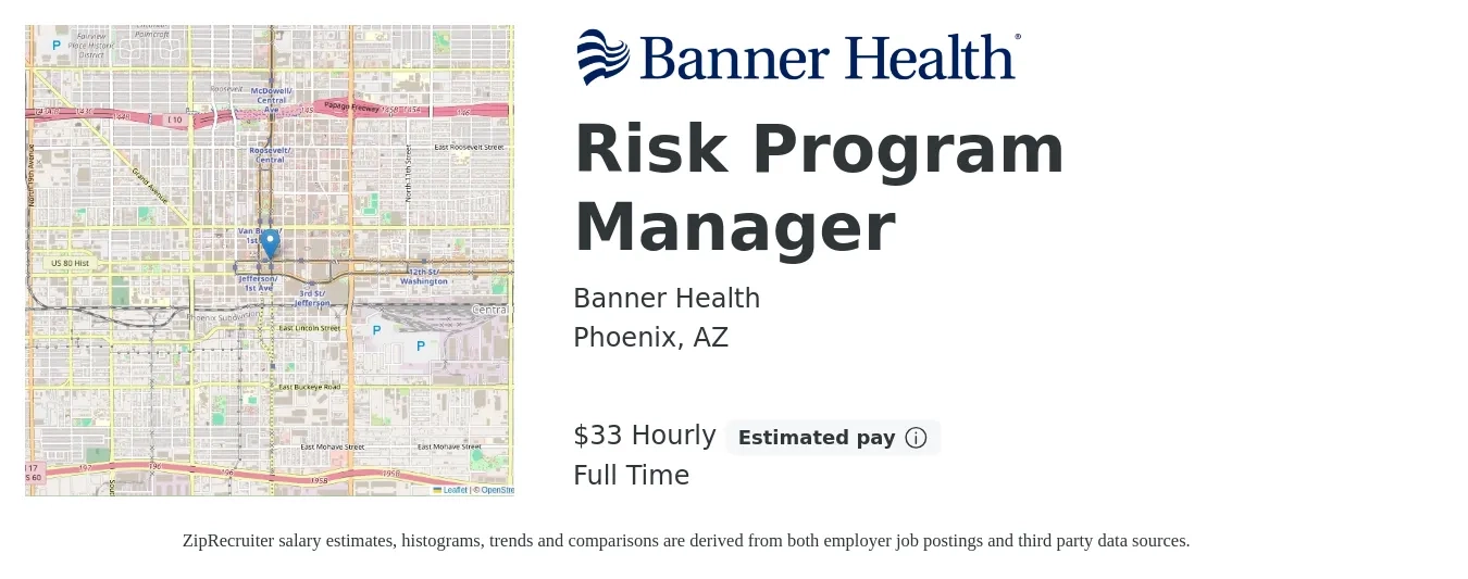 Banner Health job posting for a Risk Program Manager in Phoenix, AZ with a salary of $35 Hourly with a map of Phoenix location.