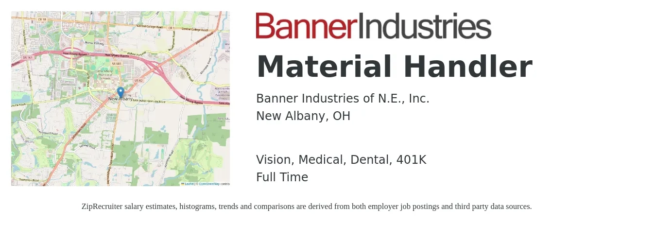 Banner Industries of N.E., Inc. job posting for a Material Handler in New Albany, OH with a salary of $16 to $20 Hourly and benefits including 401k, dental, life_insurance, medical, and vision with a map of New Albany location.