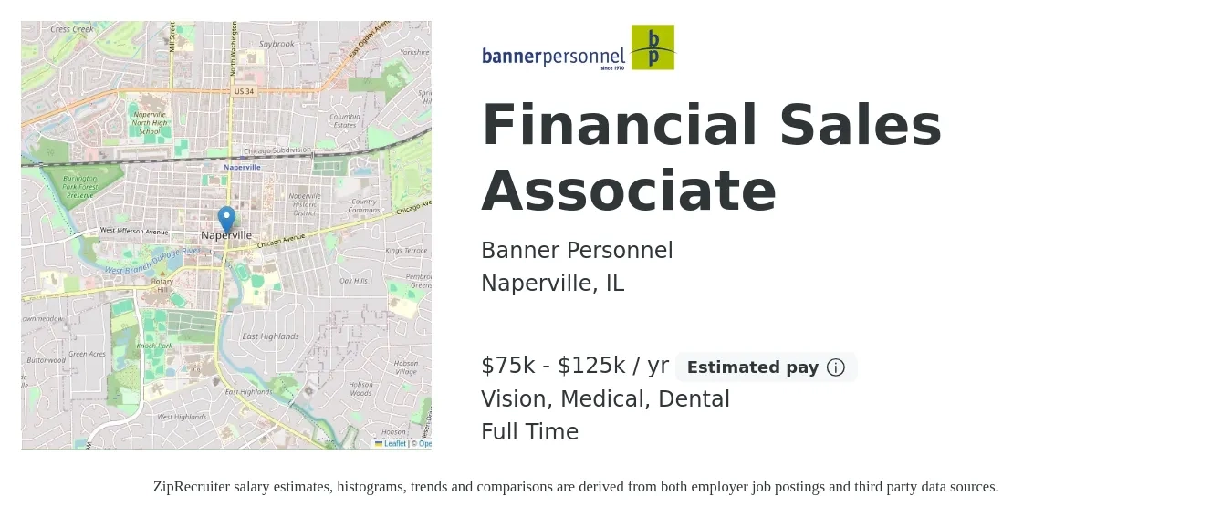 Banner Personnel job posting for a Financial Sales Associate in Naperville, IL with a salary of $75,000 to $125,000 Yearly and benefits including dental, life_insurance, medical, pto, and vision with a map of Naperville location.