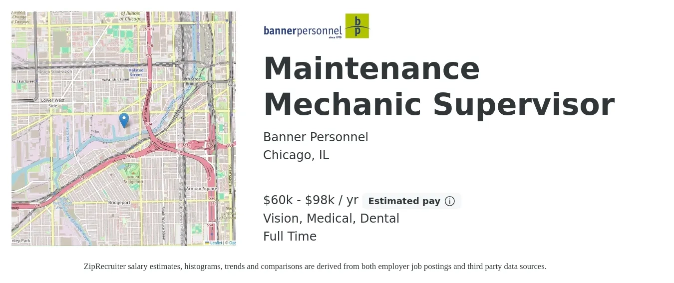 Banner Personnel job posting for a Maintenance Mechanic Supervisor in Chicago, IL with a salary of $60,000 to $98,000 Yearly and benefits including dental, life_insurance, medical, pto, and vision with a map of Chicago location.