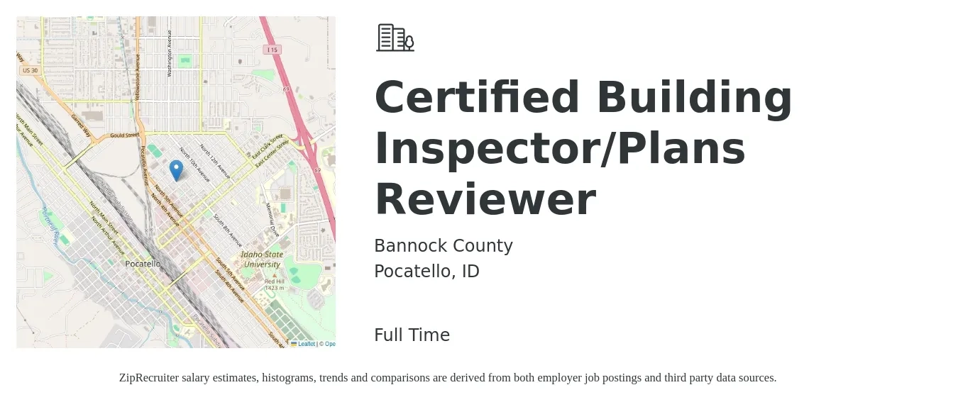 Bannock County job posting for a Certified Building Inspector/Plans Reviewer in Pocatello, ID with a salary of $23 to $23 Hourly with a map of Pocatello location.