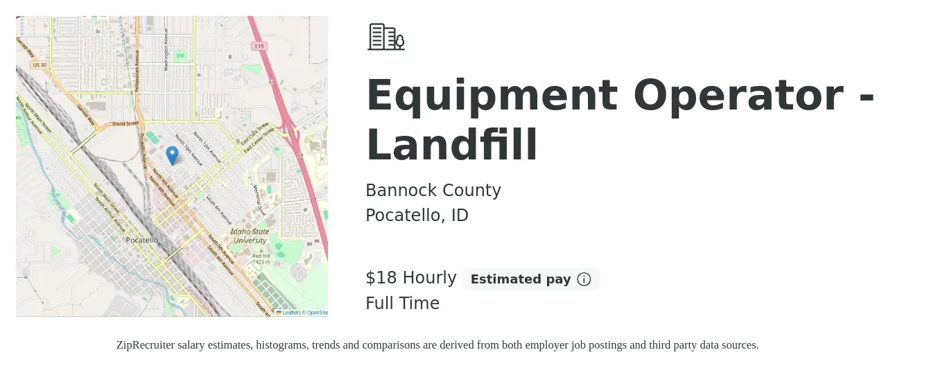Bannock County job posting for a Equipment Operator - Landfill in Pocatello, ID with a salary of $19 to $19 Hourly with a map of Pocatello location.