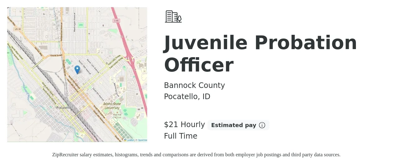 Bannock County job posting for a Juvenile Probation Officer in Pocatello, ID with a salary of $22 to $22 Hourly with a map of Pocatello location.
