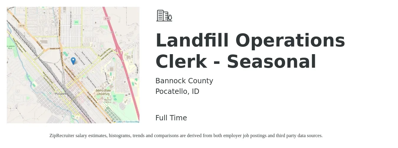 Bannock County job posting for a Landfill Operations Clerk - Seasonal in Pocatello, ID with a salary of $16 to $20 Hourly with a map of Pocatello location.