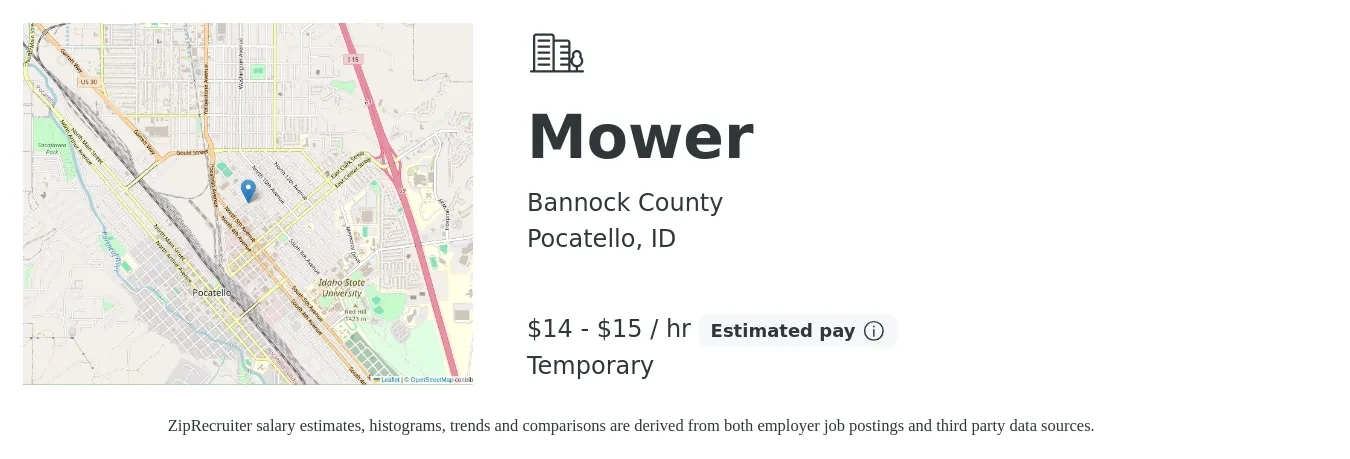 Bannock County job posting for a Mower in Pocatello, ID with a salary of $16 to $16 Hourly with a map of Pocatello location.