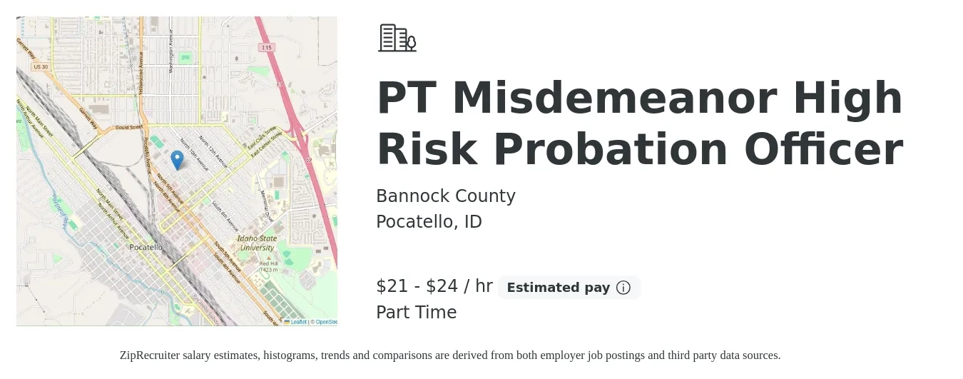 Bannock County job posting for a PT Misdemeanor High Risk Probation Officer in Pocatello, ID with a salary of $22 to $25 Hourly with a map of Pocatello location.