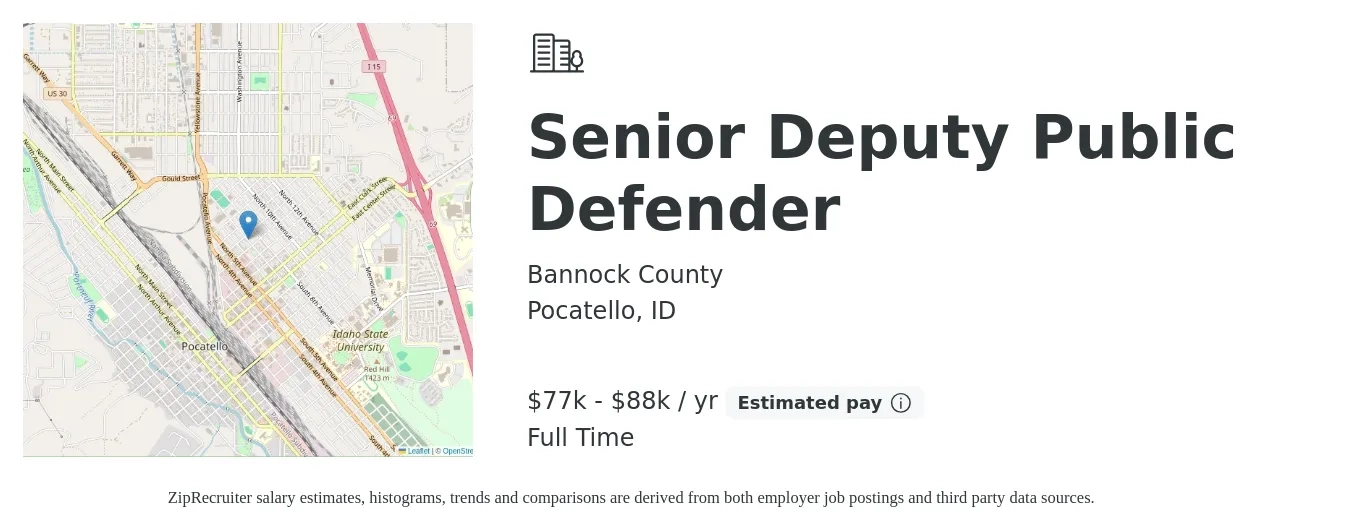 Bannock County job posting for a Senior Deputy Public Defender in Pocatello, ID with a salary of $77,272 to $88,878 Yearly with a map of Pocatello location.