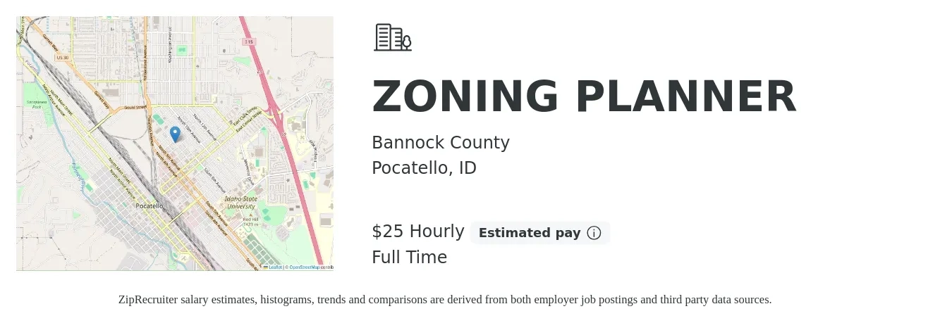 Bannock County job posting for a ZONING PLANNER in Pocatello, ID with a salary of $27 to $27 Hourly with a map of Pocatello location.