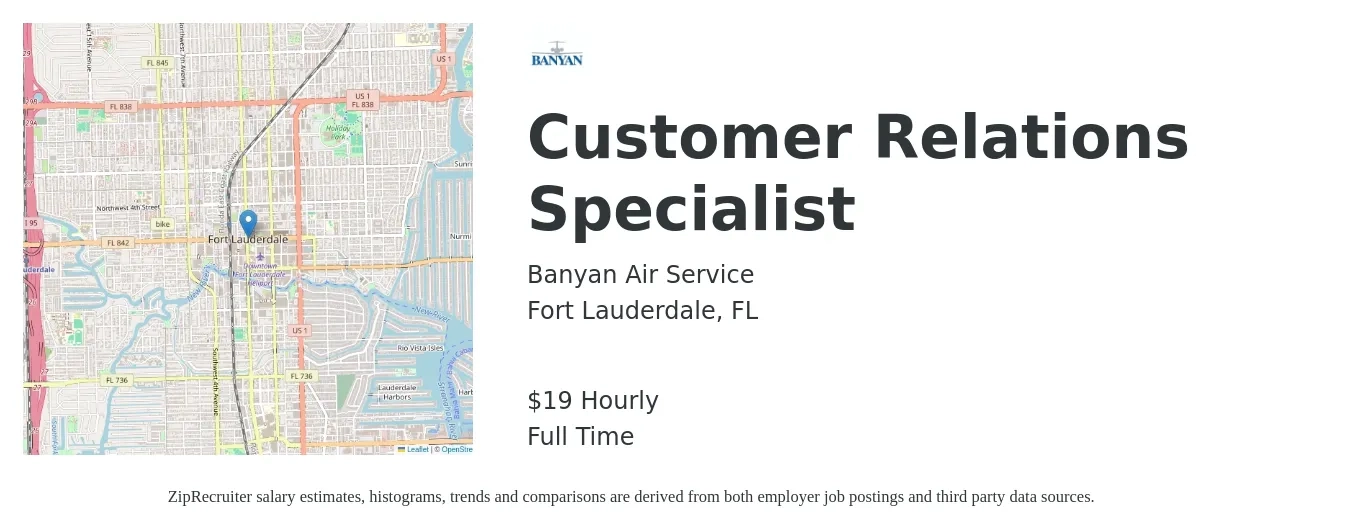 Banyan Air Service job posting for a Customer Relations Specialist in Fort Lauderdale, FL with a salary of $20 Hourly with a map of Fort Lauderdale location.