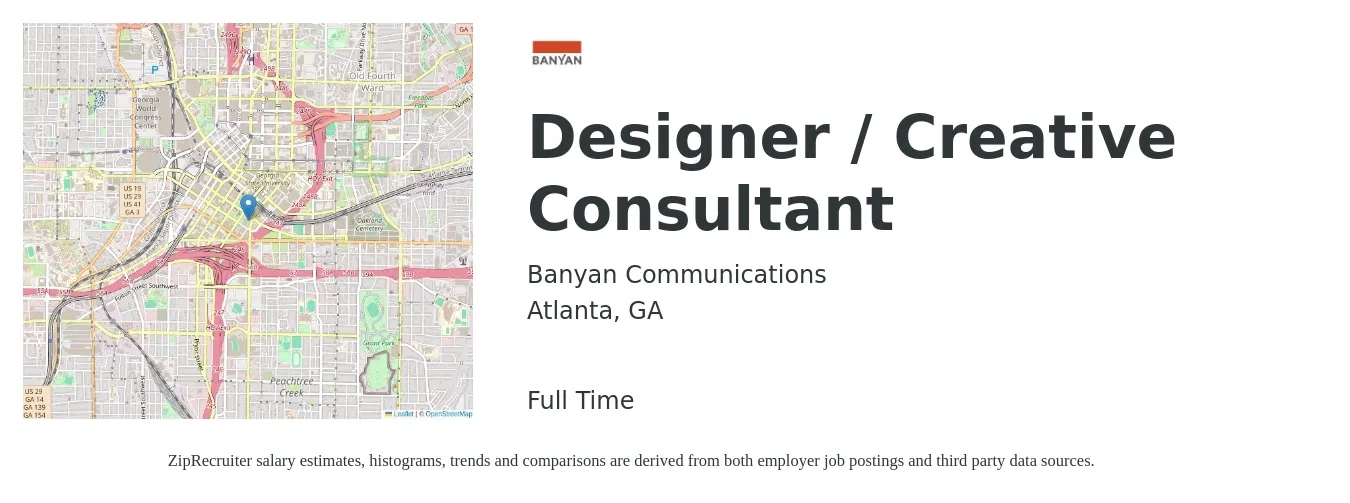 Banyan Communications job posting for a Designer / Creative Consultant in Atlanta, GA with a salary of $40 to $44 Hourly with a map of Atlanta location.