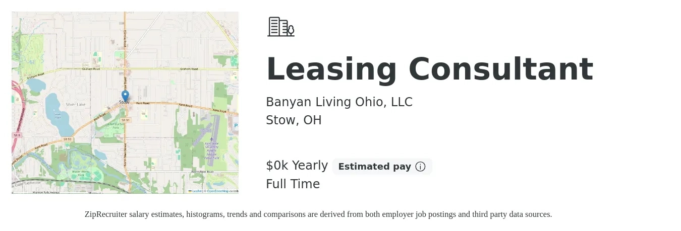 Banyan Living Ohio, LLC job posting for a Leasing Consultant in Stow, OH with a salary of $18 to $20 Yearly with a map of Stow location.