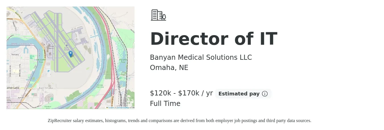 Banyan Medical Solutions LLC job posting for a Director of IT in Omaha, NE with a salary of $120,000 to $170,000 Yearly with a map of Omaha location.