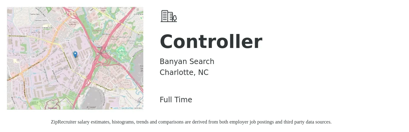 Banyan Search job posting for a Controller in Charlotte, NC with a salary of $94,600 to $135,100 Yearly with a map of Charlotte location.