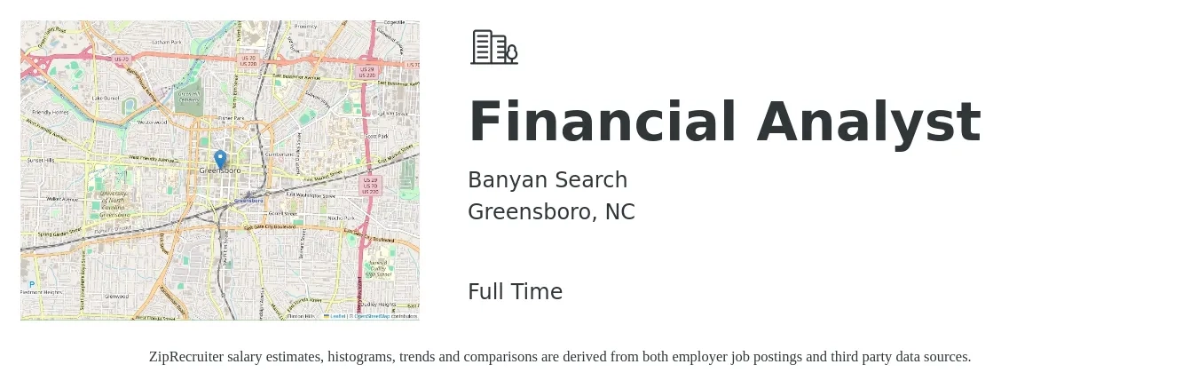 Banyan Search job posting for a Financial Analyst in Greensboro, NC with a salary of $67,800 to $107,100 Yearly with a map of Greensboro location.