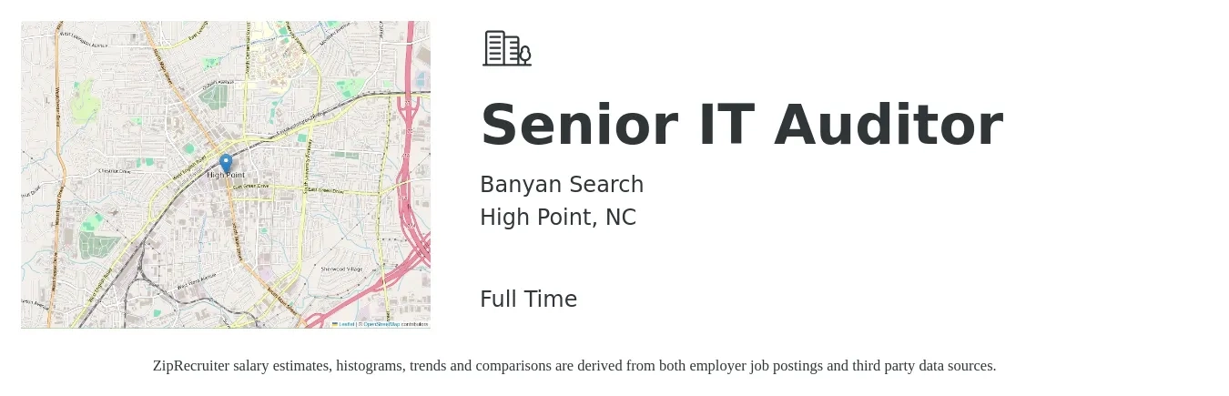 Banyan Search job posting for a Senior IT Auditor in High Point, NC with a salary of $83,900 to $110,200 Yearly with a map of High Point location.