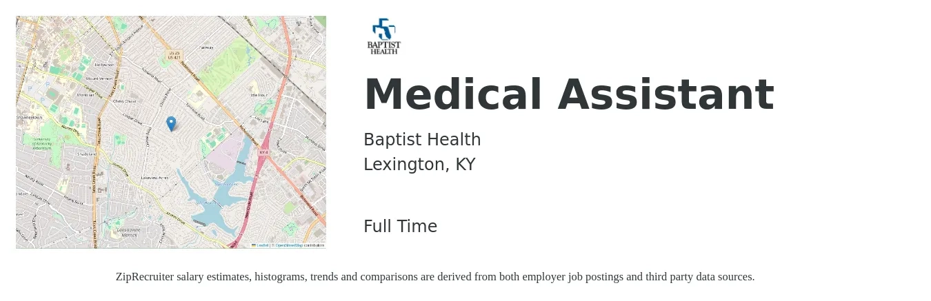 Baptist Health job posting for a Medical Assistant in Lexington, KY with a salary of $18 to $22 Hourly with a map of Lexington location.