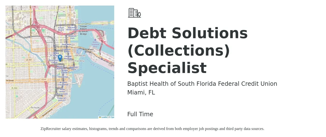 Baptist Health of South Florida Federal Credit Union job posting for a Debt Solutions (Collections) Specialist in Miami, FL with a salary of $18 to $24 Hourly with a map of Miami location.