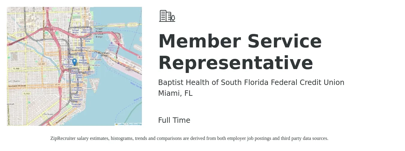 Baptist Health of South Florida Federal Credit Union job posting for a Member Service Representative in Miami, FL with a salary of $12 to $19 Hourly with a map of Miami location.