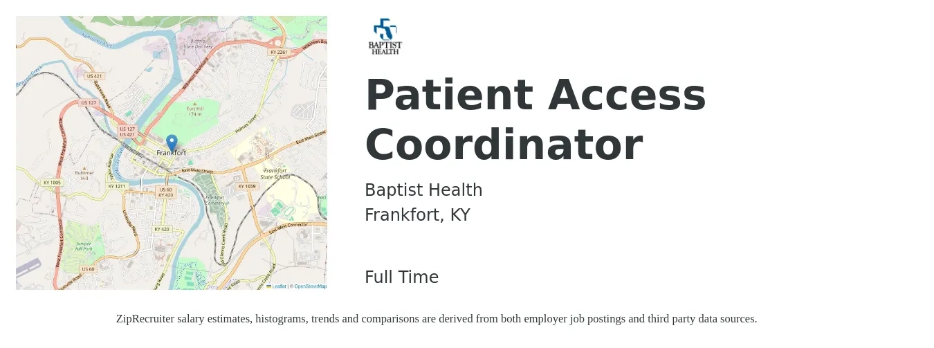Baptist Health job posting for a Patient Access Coordinator in Frankfort, KY with a salary of $15 to $19 Hourly with a map of Frankfort location.
