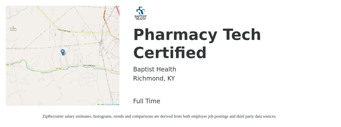 Baptist Health job posting for a Pharmacy Tech Certified in Richmond, KY with a salary of $17 to $20 Hourly with a map of Richmond location.