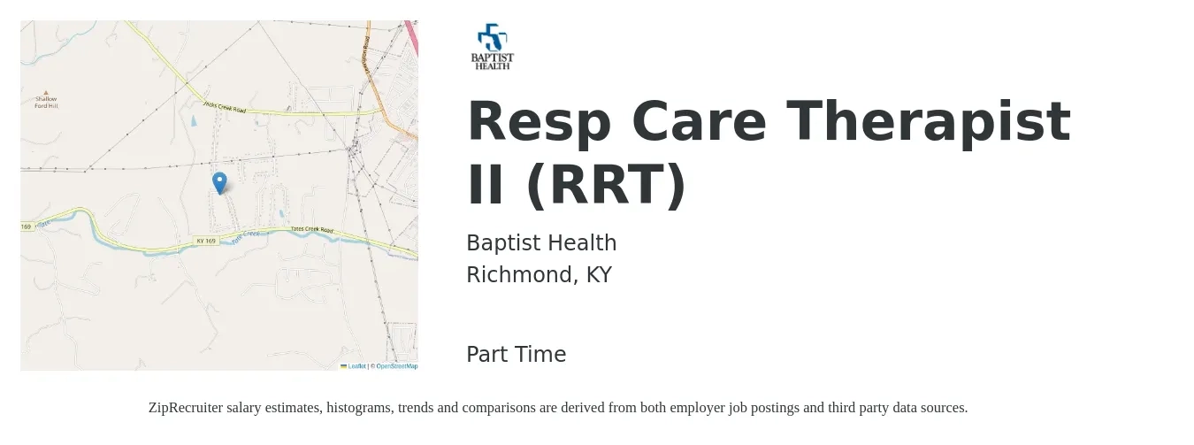 Baptist Health job posting for a Resp Care Therapist II (RRT) in Richmond, KY with a salary of $29 to $52 Hourly with a map of Richmond location.