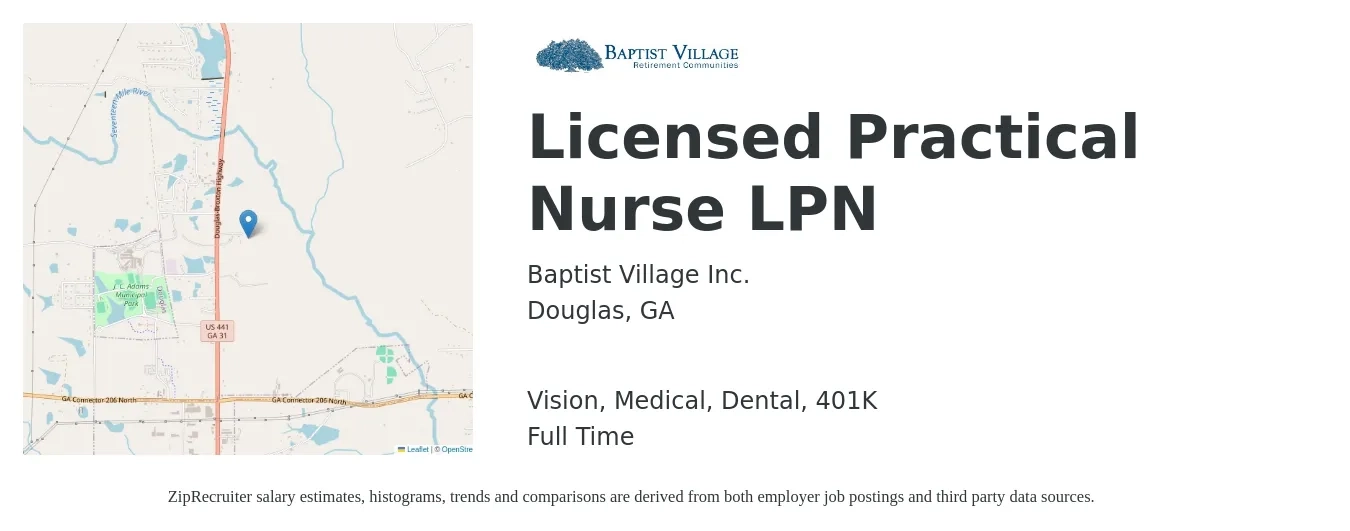 Baptist Village Inc. job posting for a Licensed Practical Nurse LPN in Douglas, GA with a salary of $24 to $32 Hourly and benefits including dental, life_insurance, medical, vision, and 401k with a map of Douglas location.