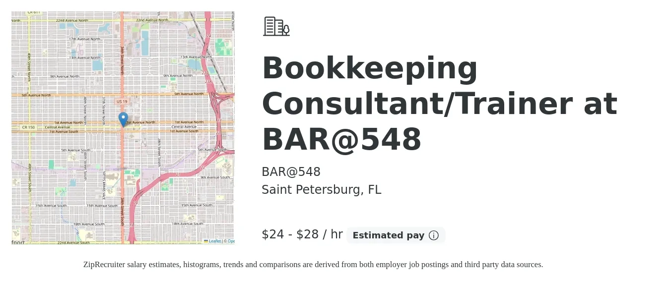 BAR@548 job posting for a Bookkeeping Consultant/Trainer at BAR@548 in Saint Petersburg, FL with a salary of $25 to $30 Hourly with a map of Saint Petersburg location.