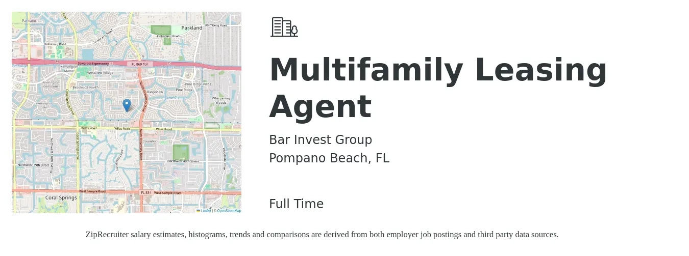 Bar Invest Group job posting for a Multifamily Leasing Agent in Pompano Beach, FL with a salary of $15 to $18 Hourly with a map of Pompano Beach location.