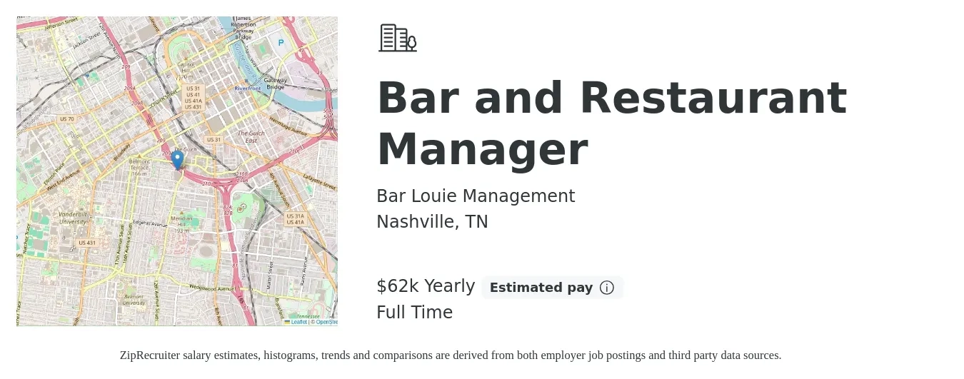Bar Louie Management job posting for a Bar and Restaurant Manager in Nashville, TN with a salary of $62,000 Yearly with a map of Nashville location.