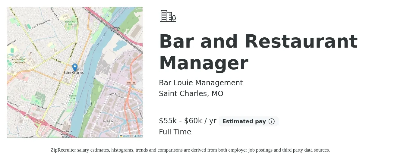 Bar Louie Management job posting for a Bar and Restaurant Manager in Saint Charles, MO with a salary of $55,000 to $60,000 Yearly with a map of Saint Charles location.
