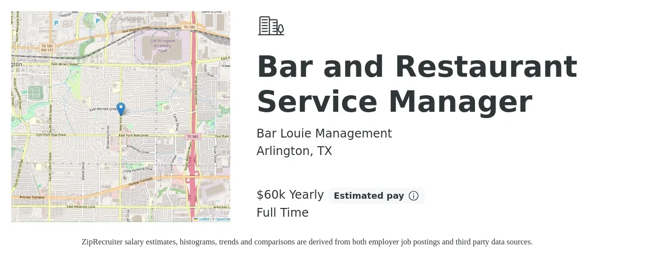 Bar Louie Management job posting for a Bar and Restaurant Service Manager in Arlington, TX with a salary of $39,600 to $122,400 Yearly with a map of Arlington location.