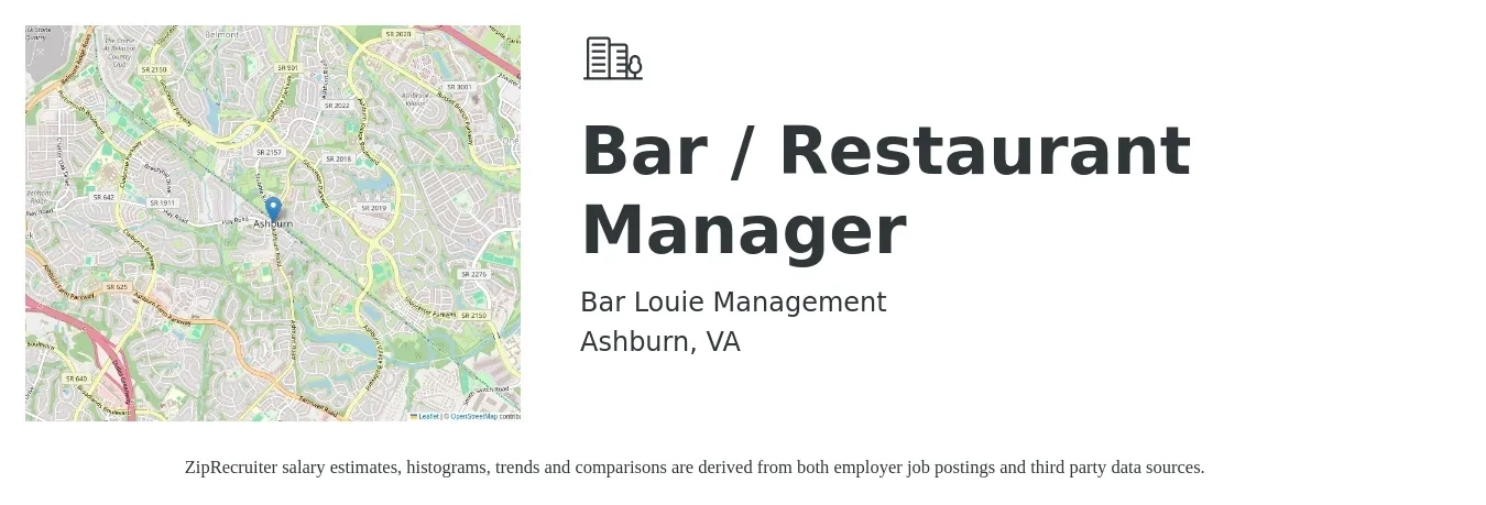 Bar Louie Management job posting for a Bar / Restaurant Manager in Ashburn, VA with a salary of $58,000 to $64,000 Yearly with a map of Ashburn location.