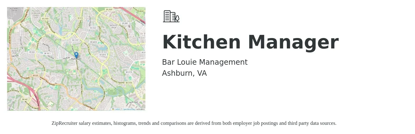 Bar Louie Management job posting for a Kitchen Manager in Ashburn, VA with a salary of $65,000 to $70,000 Yearly with a map of Ashburn location.